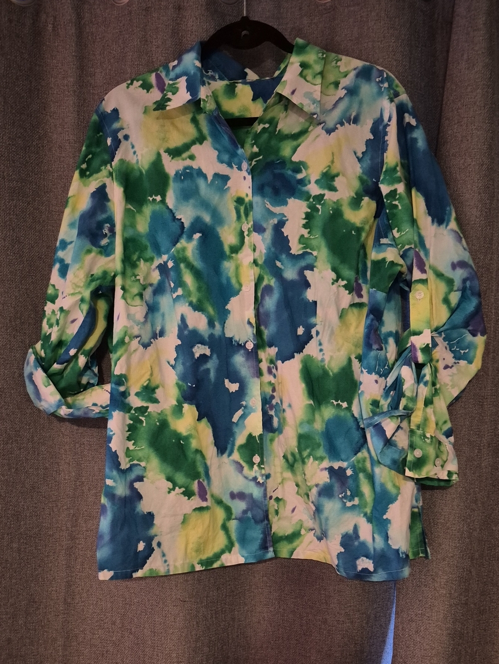 Vibrant Watercolor Print Button-Up Shirt in Blue & Green, Yellow And Purple.